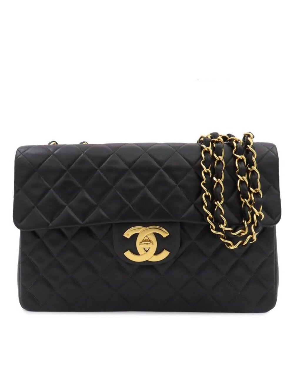 Chanel Chain Shoulder Bag Maxi Quilted 34 Black Gold Lambskin